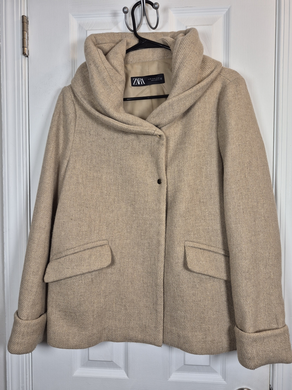 ZARA Neutral Wool Blend Oversized Funnel Neck Short Pea Coat Jacket Tan Medium